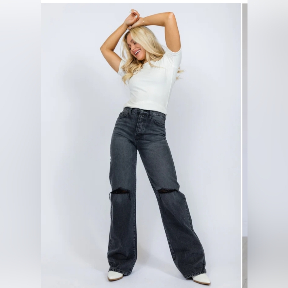 NWT "Jaslyn" KANCAN Black Denim, Wide Leg Jeans with Distressing, size 24